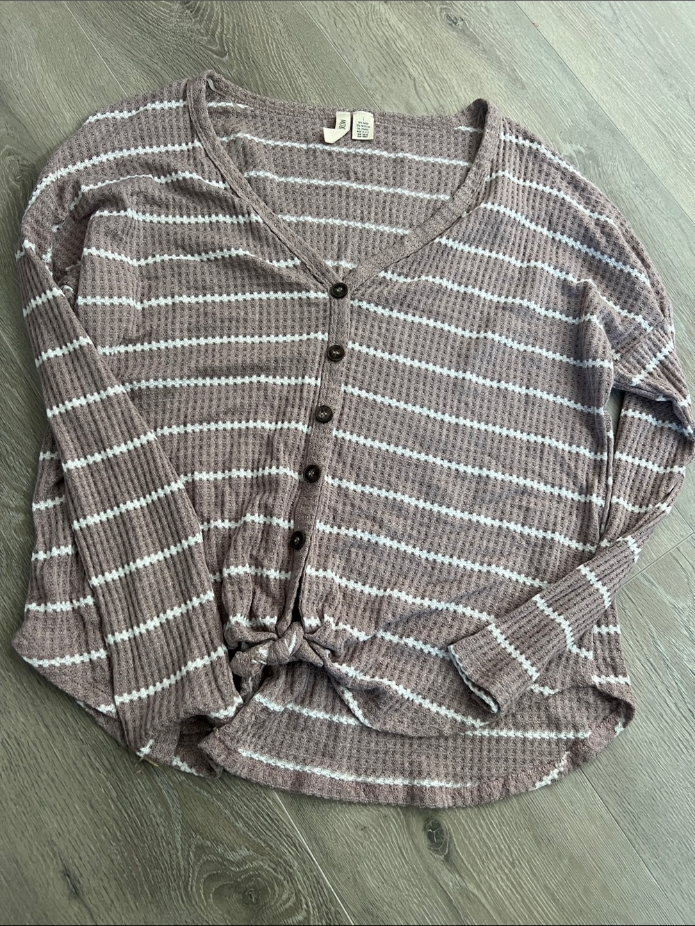 Sky and Sparrow Taupe and White Striped Button-Front V-Neck Top
